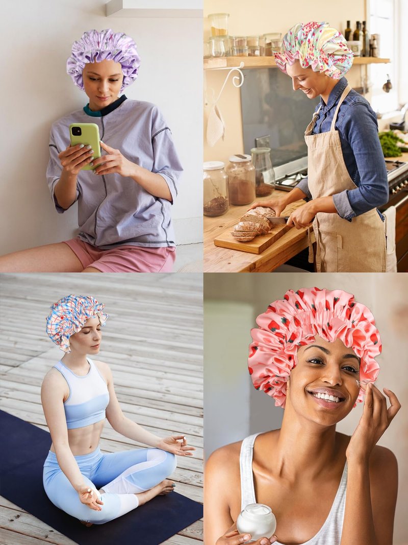 Vettres Floral Satin Bonnet with Scrunchie Set,Double Layer Ruffle Reusable Sleeping Shower Cap for Curly Hair Blue-cherry