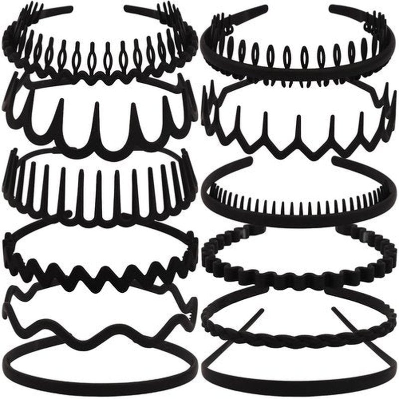 TOBATOBA 12Pcs Black Headbands for Women with Teeth Plastic Head Bands for Women's Hair Non Slip Comb Skinny Zig Zag Headbands Fashion Hair Accessories for Women Men Teen Girls