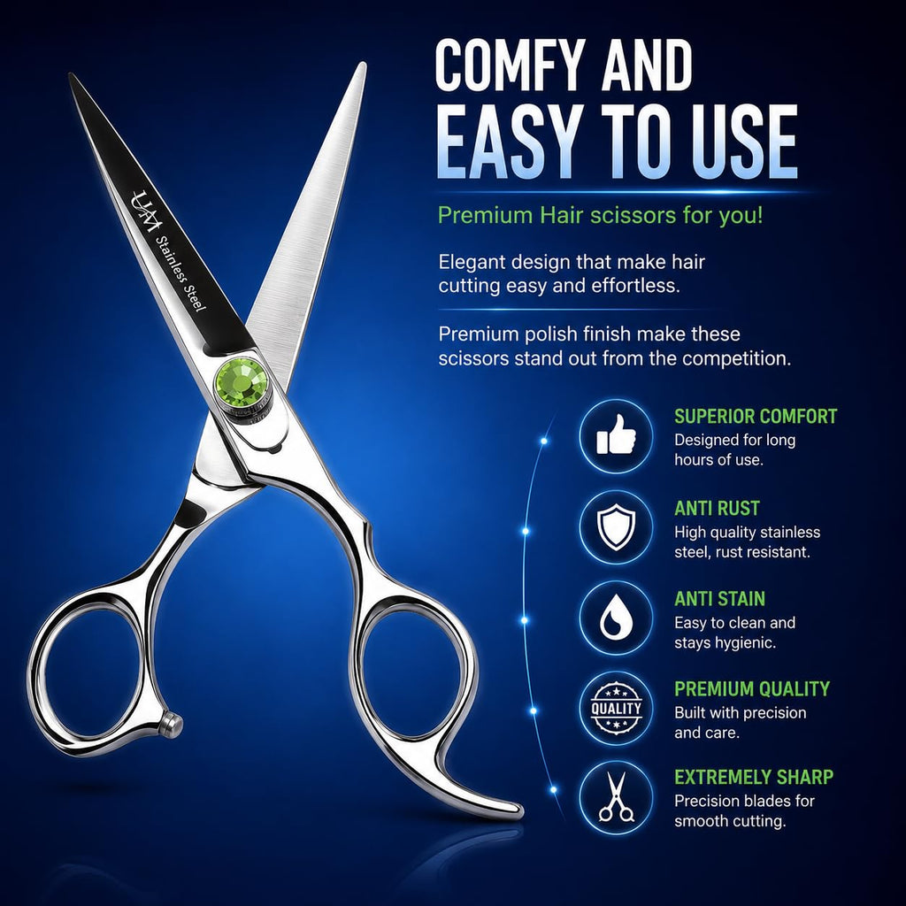UM Supplies Scissors 6.5 | Premium Barber Shears For Hair Cutting | Multiple Purpose Cutting Scissors | Haircut Scissors For Salon I Women | Mens | kids I Pets | Silver-Green