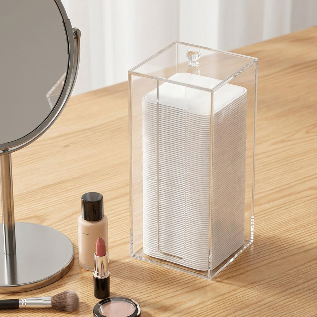 JHJFRAWY Acrylic Clean Pad Storage Box for Clean Skin Club, Cotton Pad Dispenser, Square Rounds Cotton Pad Holder (Pad Not Included) - Vertical with Lid