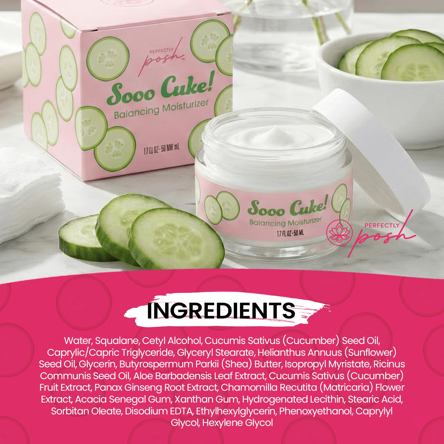 Perfectly Posh - Sooo Cuke! Balancing Moisturizer - Lightweight Face Moisturizer with Cucumber, Squalane, and Aloe for Soothing Skin - 50ml