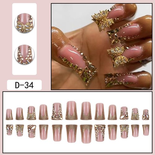 Duck Nails Press on Feet Fan Flared Fake Gold Butterfly Rhinestones Glitter French Tip Acrylic Reusable Stick on With Design for Women DIY Charm