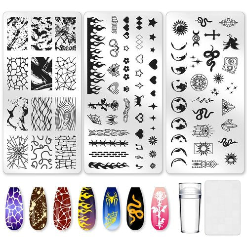 beinkmake 3Pcs Punk Nail Stamping Plate Set Snake Heart Nail Stamping Templates French Line Tip Nail Plates Flames Star Stainless Steel DIY Reusable Tools with Stamper Scraper for Manicure Printing