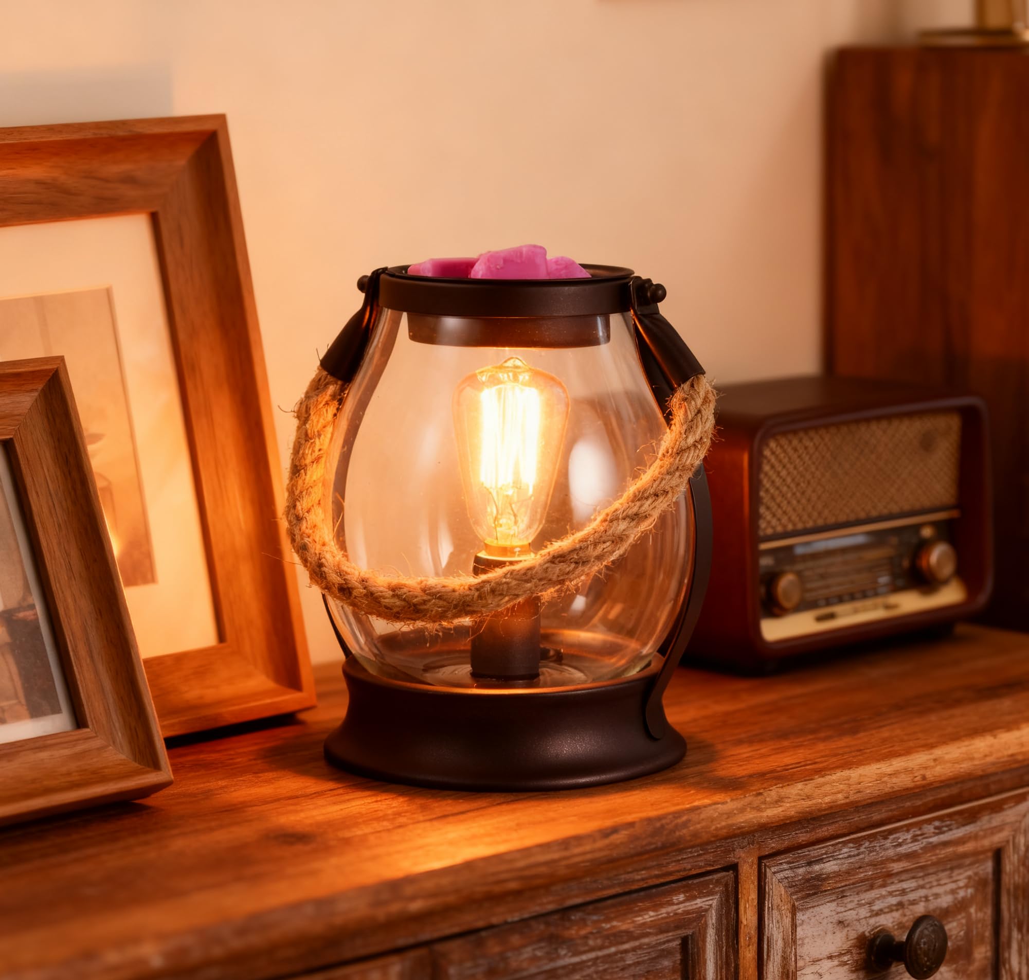 ORJG Electric Wax Melt Warmer, Farmhouse Wax Warmer with Twine Handle & Edison Bulb, Flameless Oil Burner for Scented Wax, Retro Decor Night Light for Home – Ideal Gift for Women Family