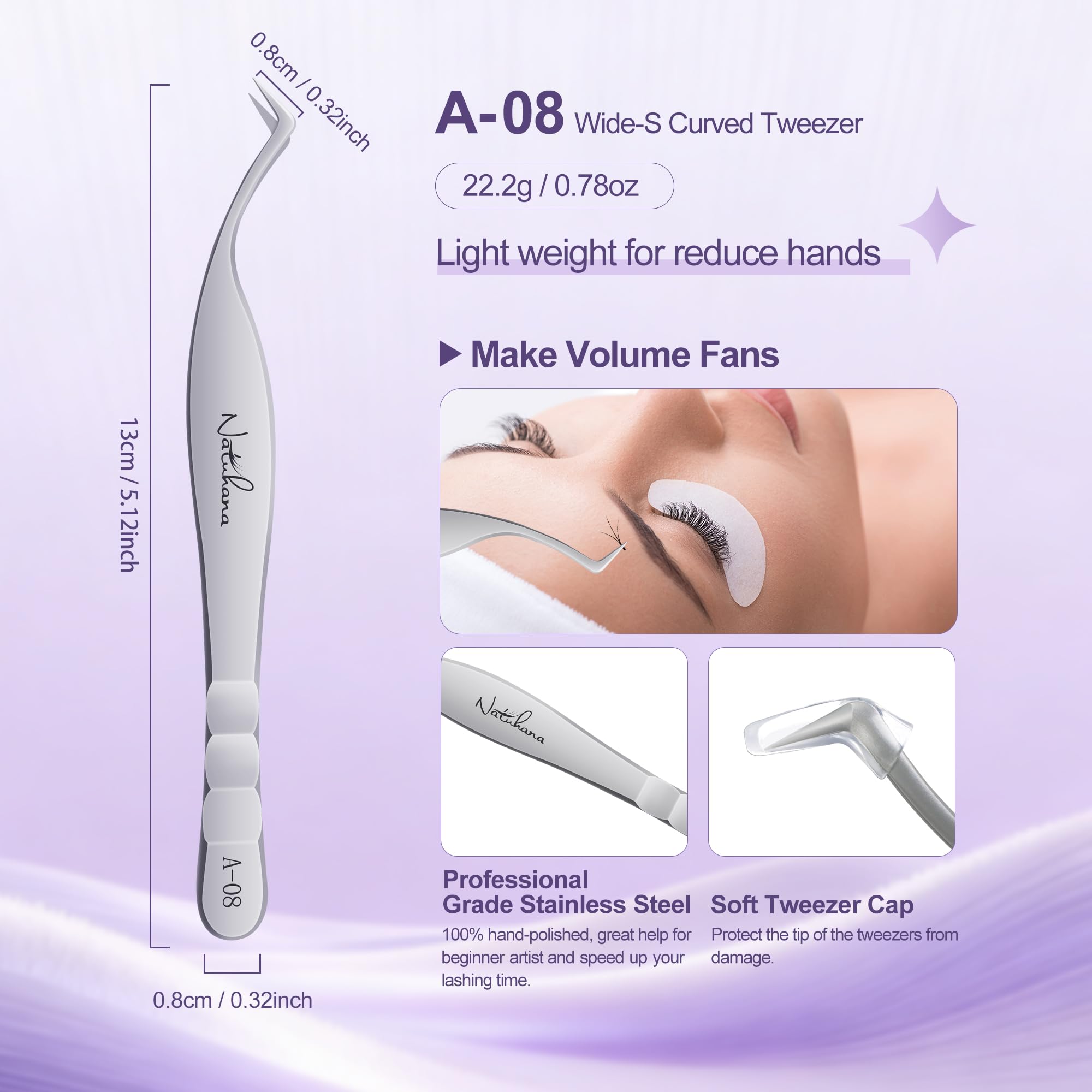 Natuhana High Precision Lash Tweezers for Individual and Volume Eyelash Extensions Pointed Premium Stainless Steel Curved Fiber Tip Professional Isolation Tweezer(Wide-S Curved Tip Tweezer A-08)