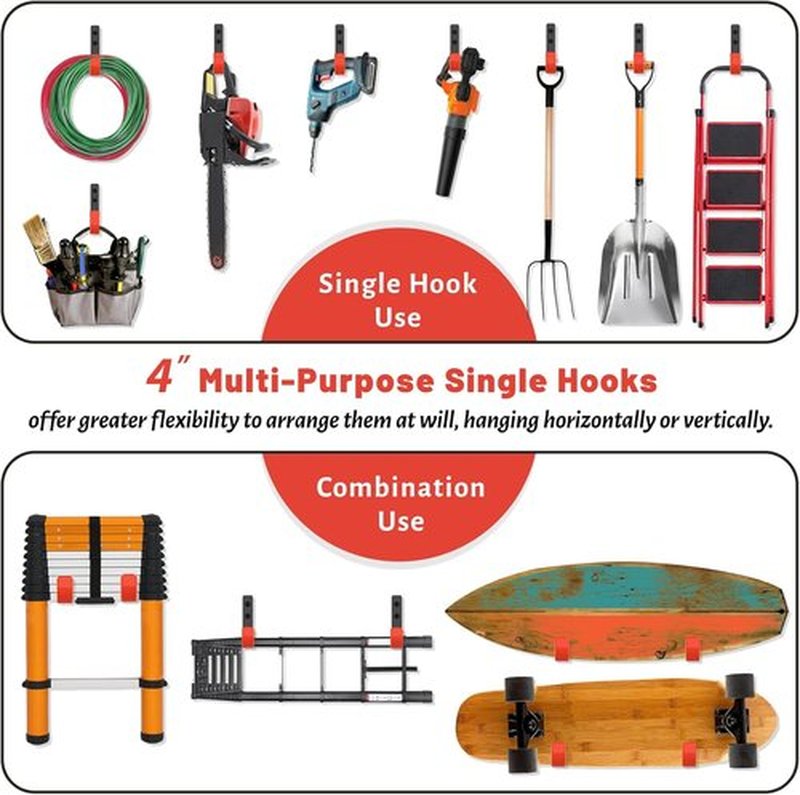 Skiennix 4-Inch Heavy Duty Garage Hooks - 6 Pack Wall Mount Tool Organizers | Holds Up to 55lbs
