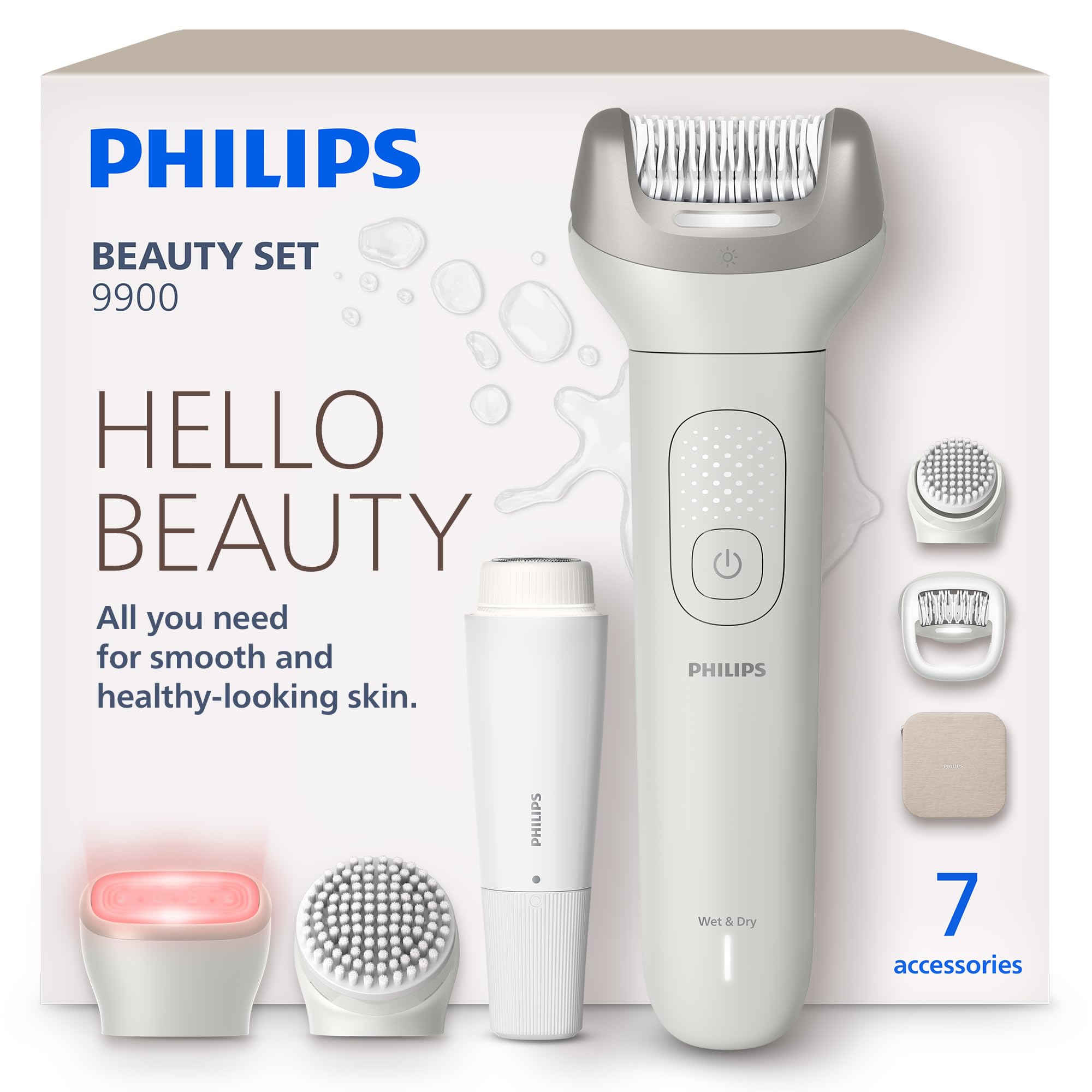 Philips Beauty Set - All-in-One Set for Body and Face, Cordless Wet and Dry Use, for Hair Removal, Body and Skincare, Epilator with 7 Accessories, Model BRE738/00
