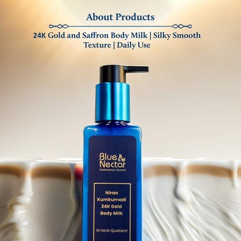 Blue Nectar Gold and Saffron Body Milk for Women & Men | Body Lotion with Plant Based AHA & Niacinamide | Moisturizer for Body | All Skin Types (14 Herbs, 3.38 Fl Oz)