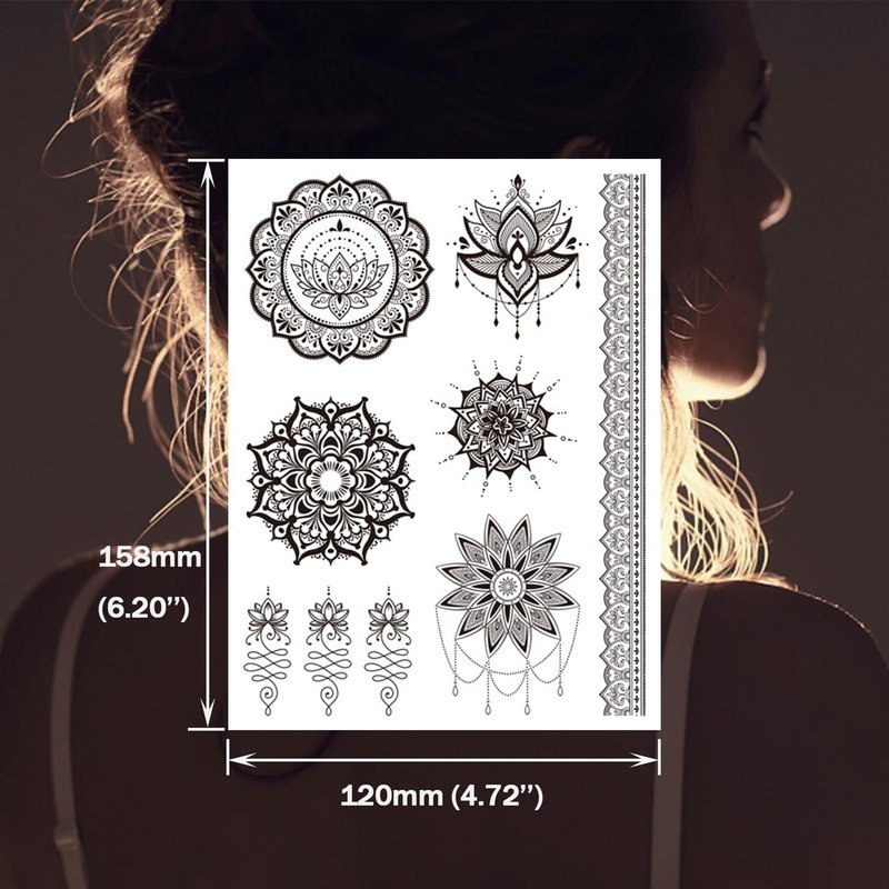 VIWIEU Fake Small Black Henna Temporary Tattoos 10 Pack for Adult Women, Realistic Flower Lace Finger Hand Arm Removable Body Art Stickers Summer Wedding Party Bridal Favors, Long Lasting Waterproof
