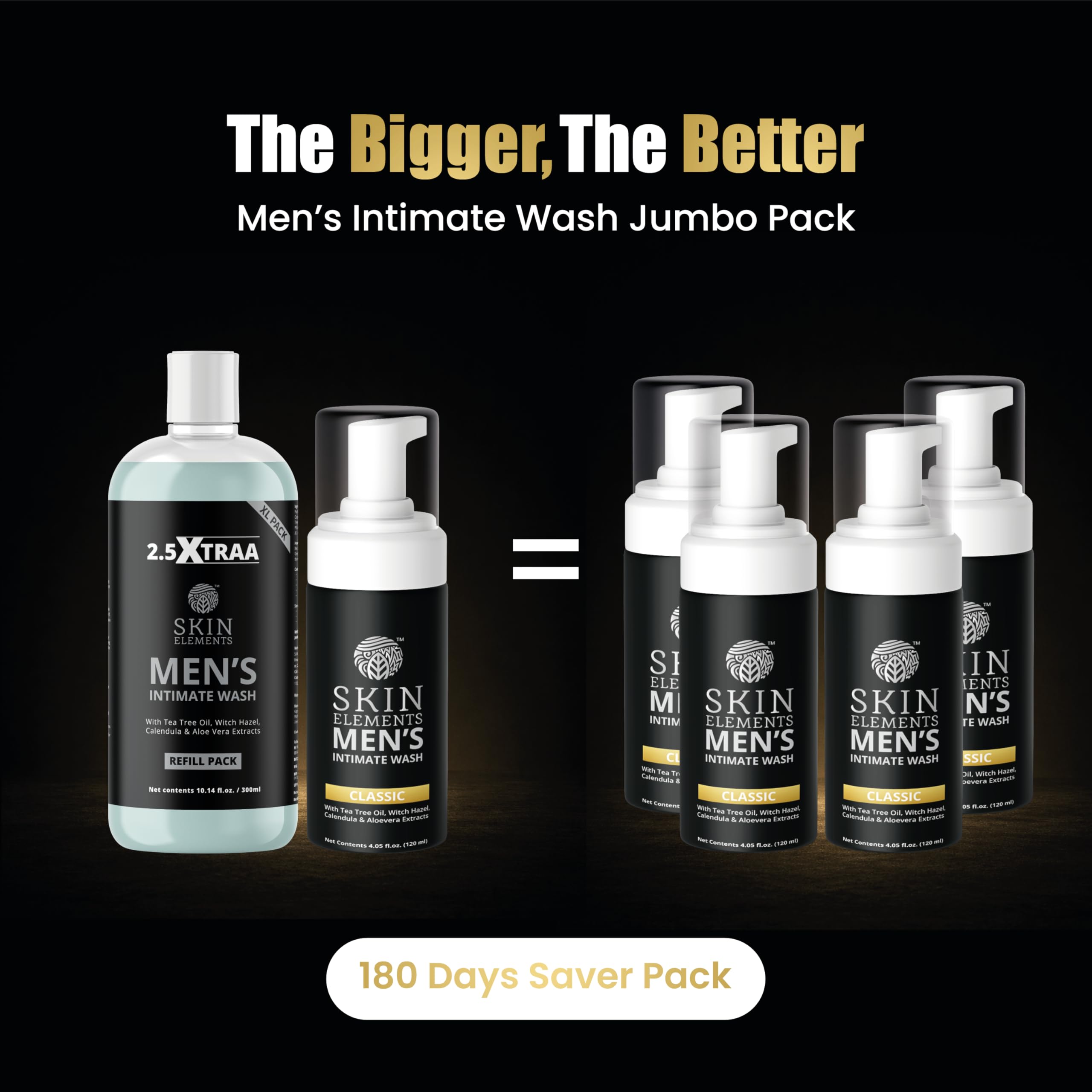 Skin Elements Men's Intimate Wash JUMBO Pack | with Refill | For 180 Days | 14.2 fl. oz | pH Balanced Hygiene Foaming Wash | Controls Bad Odor | Tea Tree Oil | Super Saver Pack |
