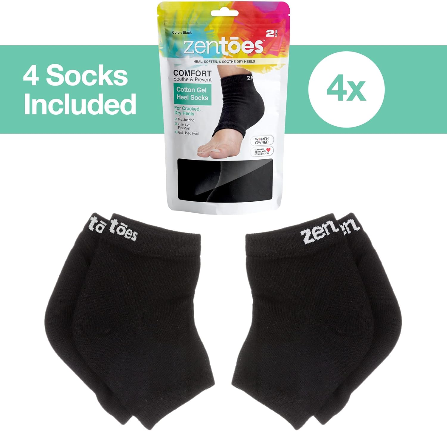 ZenToes Moisturizing Heel Socks - Cracked Heel Treatment with Vitamin E & Jojoba Oil | Black Cotton, Regular Size