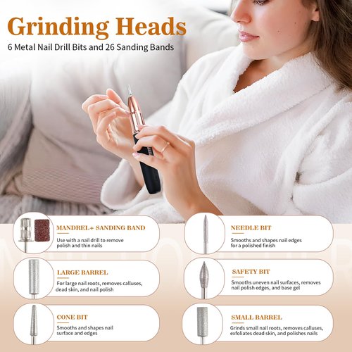 ELEHOMYOU Electric Nail Drill - Cordless Nail Drill with 11 Drill Bits - Electric Nail File for Acrylic Gel Dip Powder Nails, Nail Filer Electric for Manicure Pedicure Polishing Shape (Black)