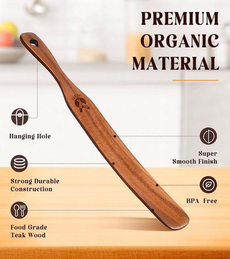 Skiennix Skinny Spurtle - Natural Teak Kitchen Tool for Sourdough Starter & Mixing | Non-Stick Safe