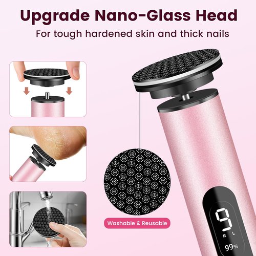 EFCRBS Electric Foot Callus Remover with LED Battery Level & 9-Speed Control Display. Callus Remover for Feet with Wireless Charger, Multi-sandpape (70 Sheets) & Nano Glass Head for Dead Skin (Pink)