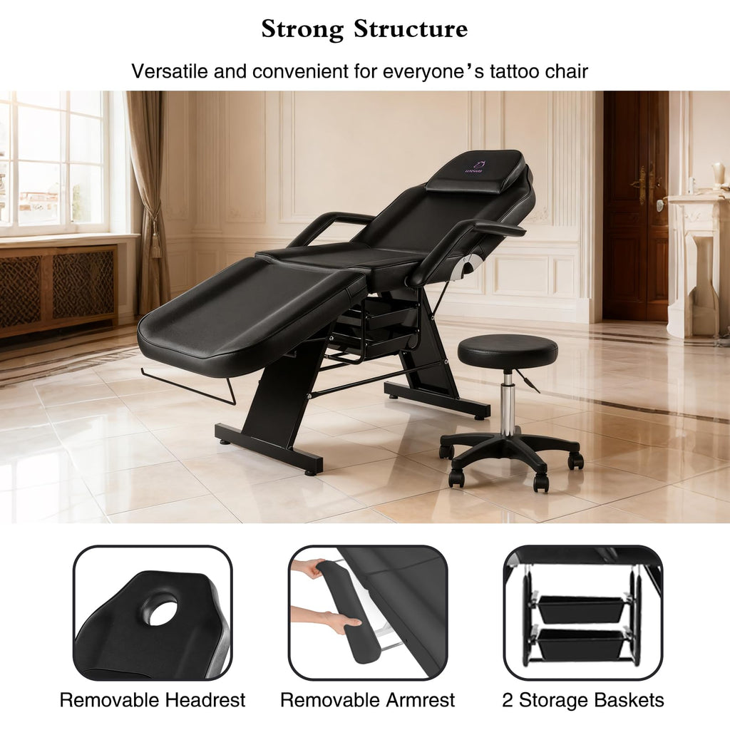 LUXMARS Facial Chair,73″ Tattoo Chair for Client,3-Section Adjustable Massage Table with Stool,Multipurpose Beauty Beds Salon Equipment for Esthetician,Tattooshop,Spa (Black)