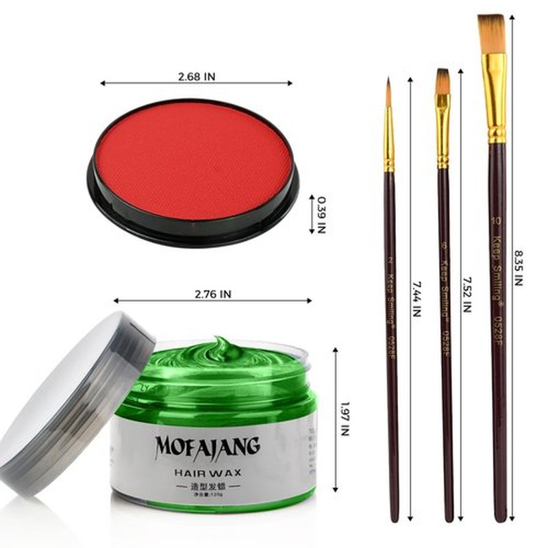 Clown Makeup Kit, Includes Red, Black & White Water Based Face Paint with 3 Face Paint Brushes & Temporary Green Hair Color Wax for Halloween Clown Makeup Costume & Cosplay