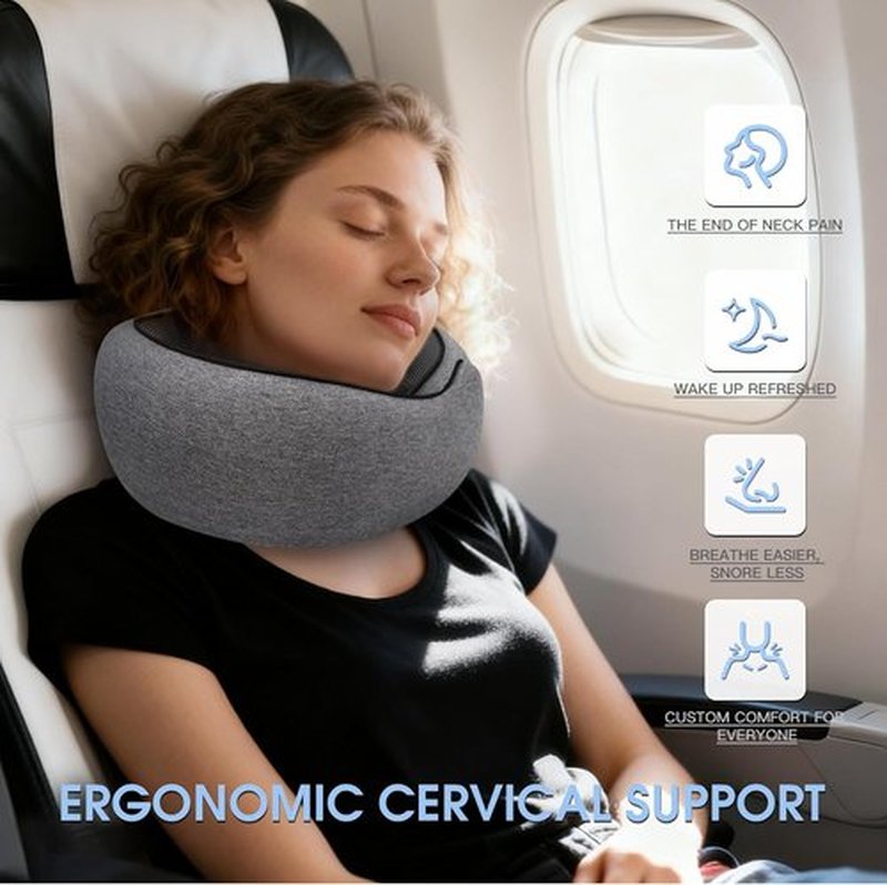 Skiennix Memory Foam Neck Travel Pillow - Ergonomic Comfort for Airplanes & Car Rides | Compact Grey Design