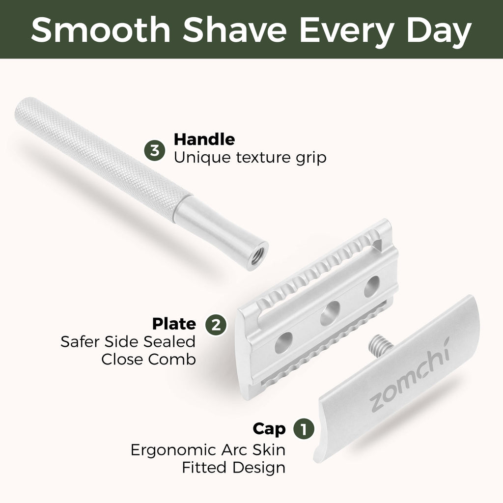 ZOMCHI Double Edge Safety Razor for Men & Women, Metal Razor with 5 Double Edge Safety Razor Blades, Single Blade Razor, White