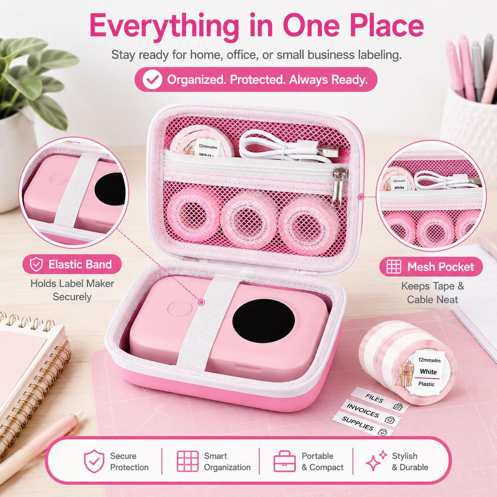 PAIYULE Hard Carrying Case for Phomemo D30 D35 Label Maker, Label Printer Case for Nelko P21, for NIIMBOT D110 D11, for Marklife P11 P12, for SUPVAN E10, Protective Storage Bag with Mesh Pocket (Pink)