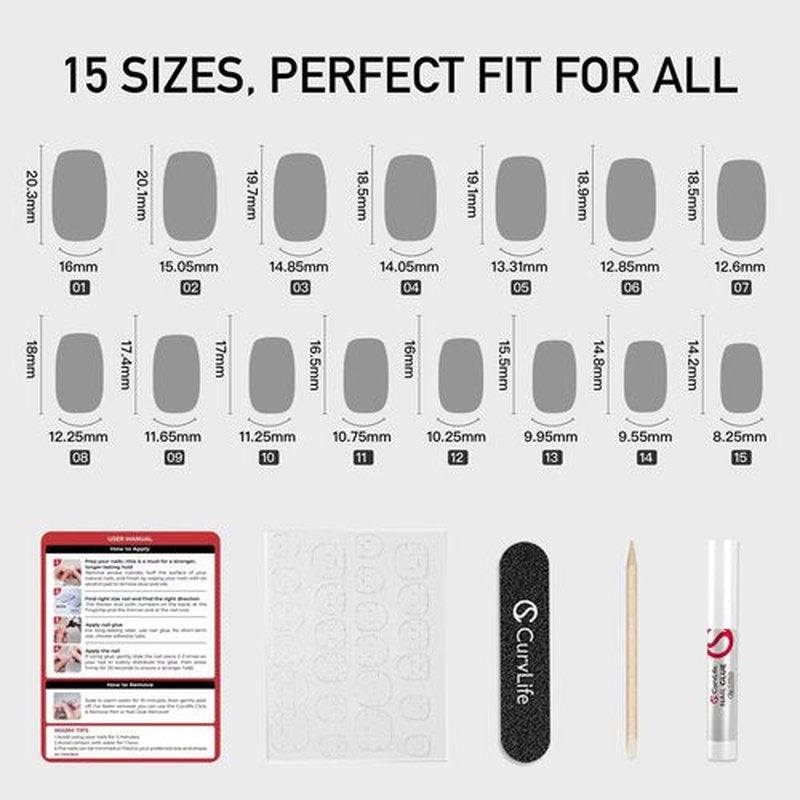 Curvlife 30pcs Short Press On Nails, Shining Stick on Fake Nails Design Glossy Acrylic Nails Tips Glue on Nails For Women False Nail Kit With Nail Glue
