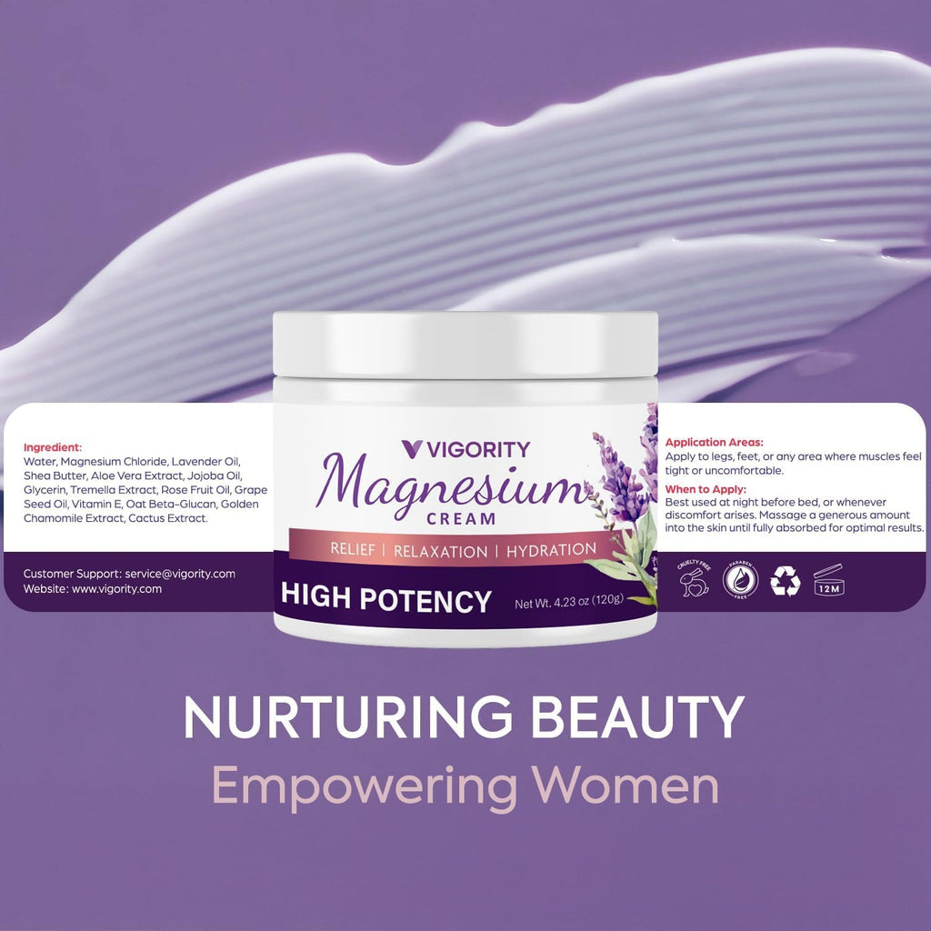Vigority Magnesium Cream for Sleep: Magnesium Lotion for Leg Cramps - Soothing Magnesium with Lavender, Vitamin E and Shea Butter - Safe for Kids & Pregnant Individuals