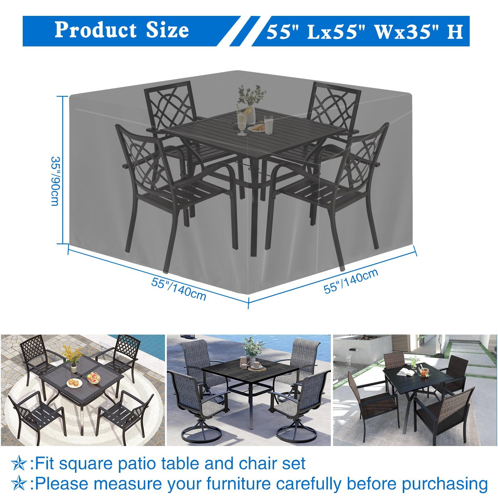 Wanocean Patio Furniture Covers Waterproof, 55x55 Outdoor Furniture Cover with Storage Bag, Outdoor Table and Chair Cover for Rain, UV, Snow and Dust（55" L x 55" W x 35" H）