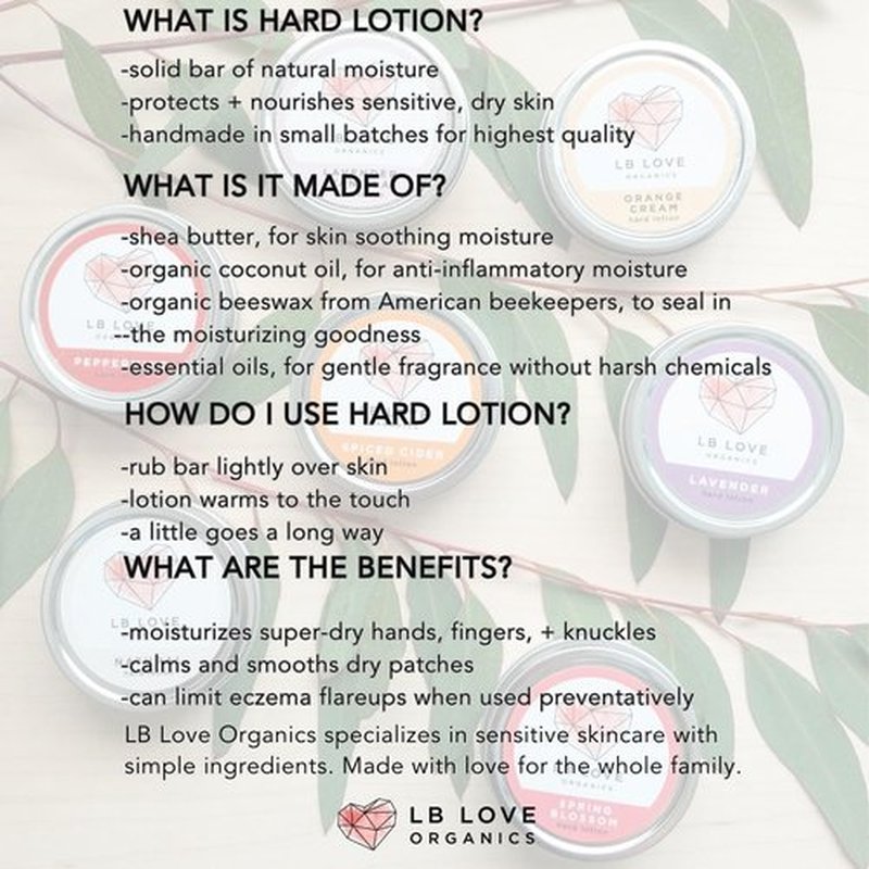LB Love Organics Hard Lotion Bar | with Lavender Essential Oil | Organic Beeswax Moisturizer for Dry Hands and Feet | Handmade Valentine | Plastic free solid lotion