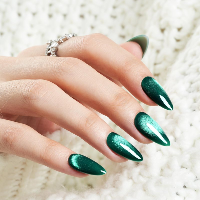 Wooyas Cat Eye Press on Nails, Forest Green Shimmer Almond Medium Handmade Press Ons, Glossy Salon Perfect Magnetic Gel Nails in 12 Sizes - 24 Pcs False Nails Kit for Women Christmas