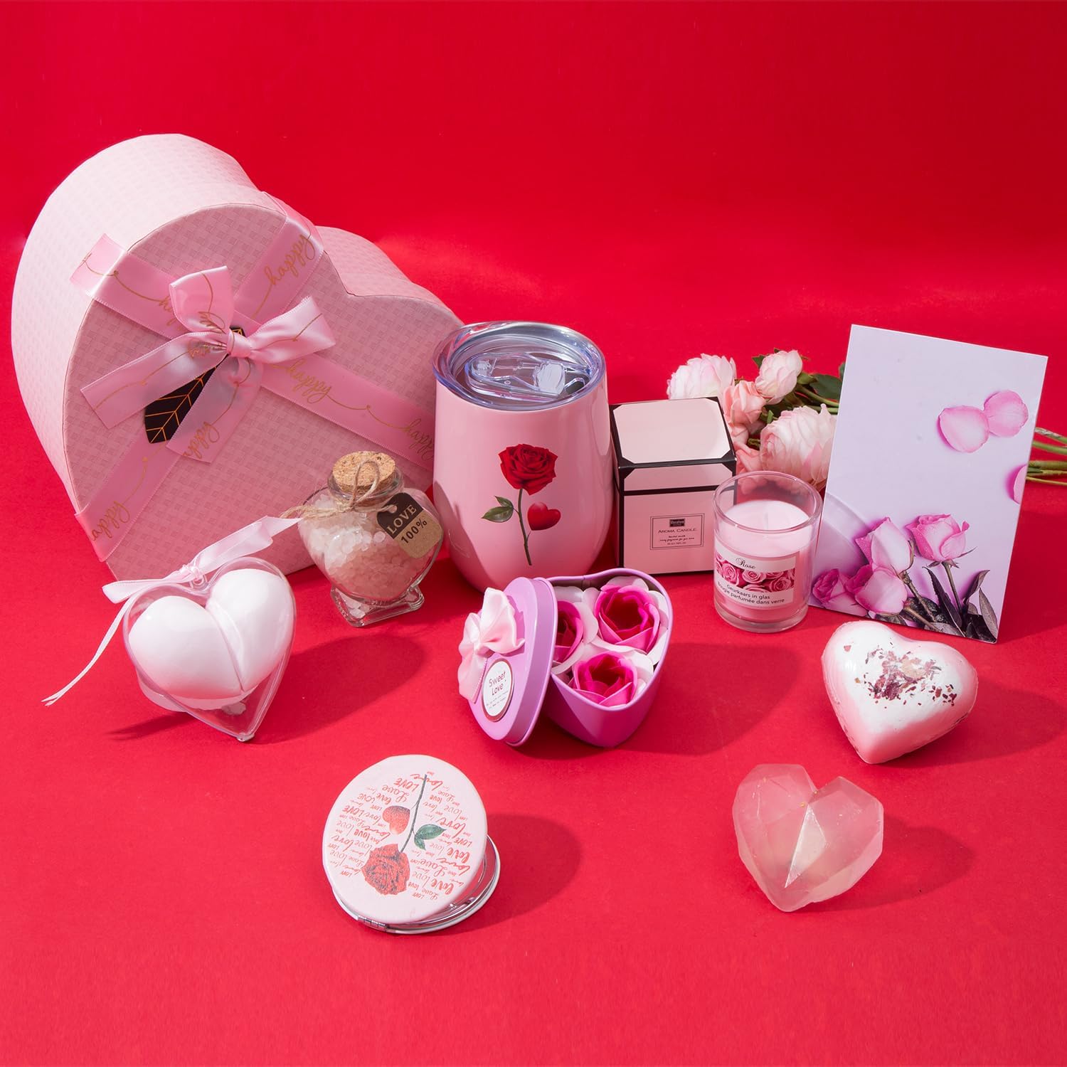 Mothers Day Gifts Box, Pink Rose SPA Gift Basket for Women, Mom Birthday Gifts, Heart-Shaped Relaxing Bath Set with Tumbler, Best Gift for Mom, Wife, Love You Anniversary Present