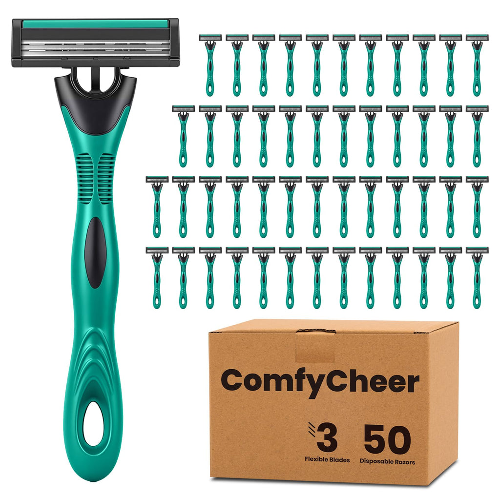 Comfycheer 50 count Disposable Razors Blades for Men，3-Blade Razors，Bulk Stainless Steel Shavers with Lubricating Strip for Shaving Sensitive Skin