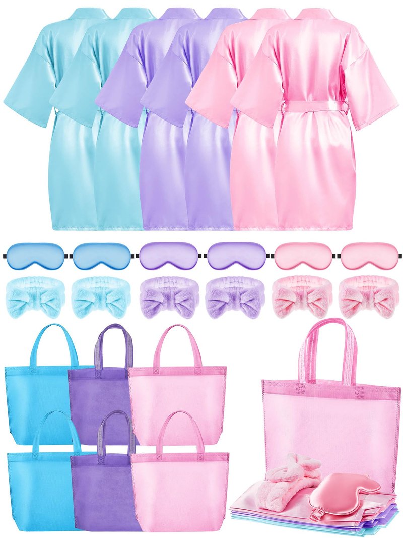 Sintuff 24 Pcs Sleepover Party Supplies for Girls 6 Spa Robes for Girls Slumber Party 6 Tote Bags 6 Headbands 6 Spa Masks(Size 12,Multicolor)