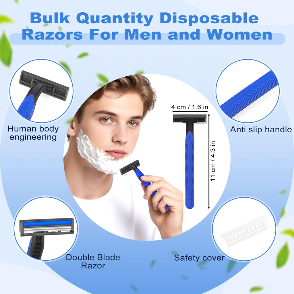 Fafortune Disposable Twin Blade Razors in Bulk, Individually Wrapped - Clear Safety Cap, For Homeless, Hotel, Airbnb, Travel (pack of 400,blue)