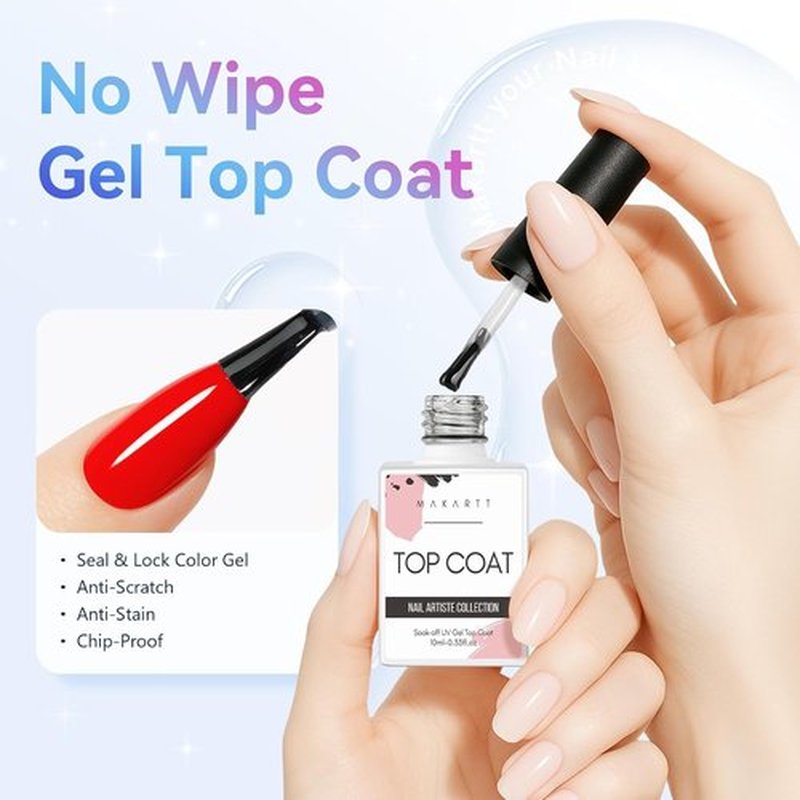Makartt Gel Top Coat - No Wipe High Gloss Nail Polish | Long Lasting 10ML Clear Soak Off for Salon Quality Art