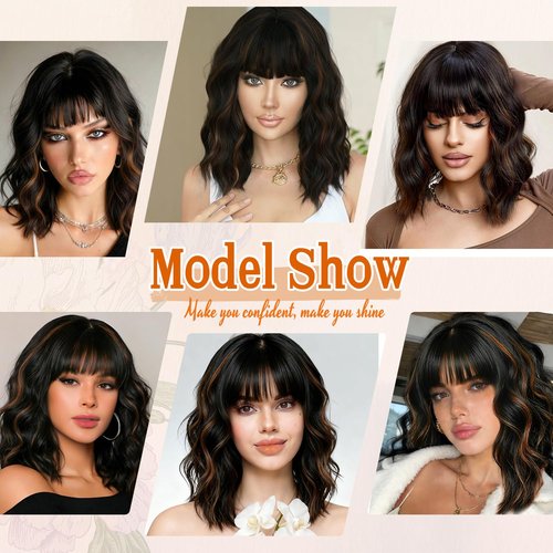 Beautier Black Mixed Brown Wig with Bangs Short Wavy Bob Wigs for Women Synthetic Shoulder Length Hair Natural Looking Curly Wig Heat Resistant Hair Replacement Bob Wigs (14 Inch)