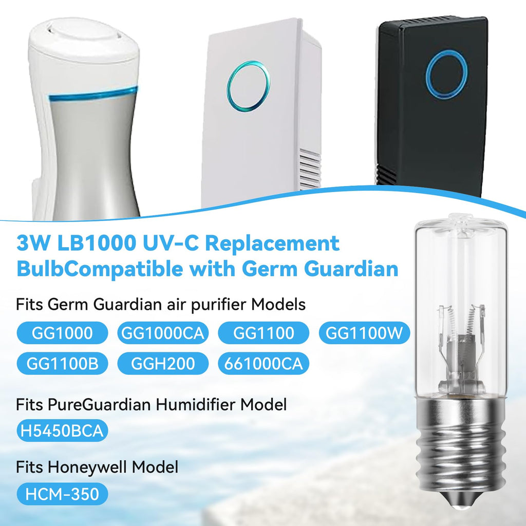 HWEIUA 3W LB1000 UV-C Replacement Bulb for Germ Guardian GG1000, GG1000CA, GG1100, GG1100B, GG1100W, LB-1000, GGH200, 661000CA Air Purifier UV Light Replacement, 2 Pack