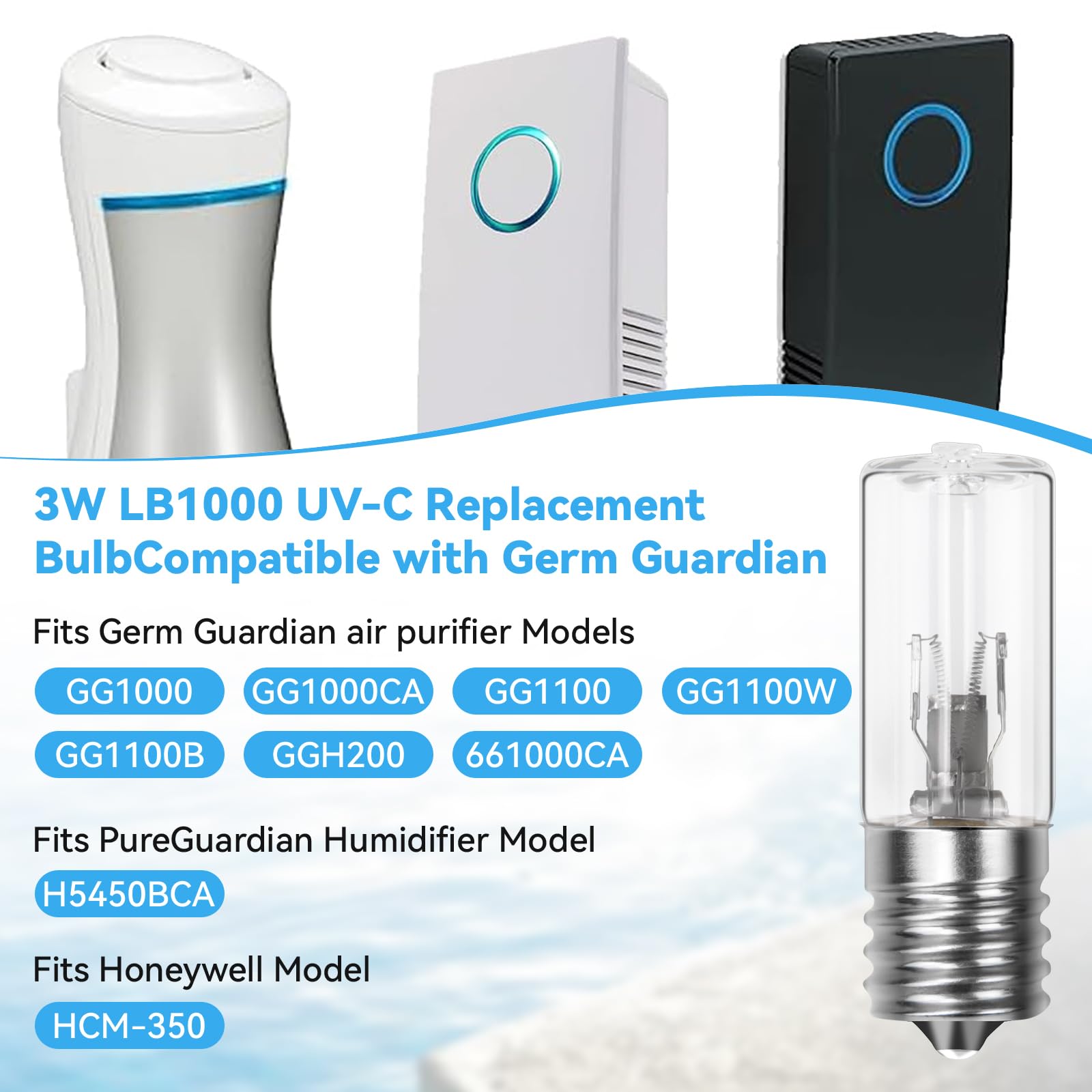 HWEIUA 3W LB1000 UV-C Replacement Bulb for Germ Guardian GG1000, GG1000CA, GG1100, GG1100B, GG1100W, LB-1000, GGH200, 661000CA Air Purifier UV Light Replacement, 2 Pack