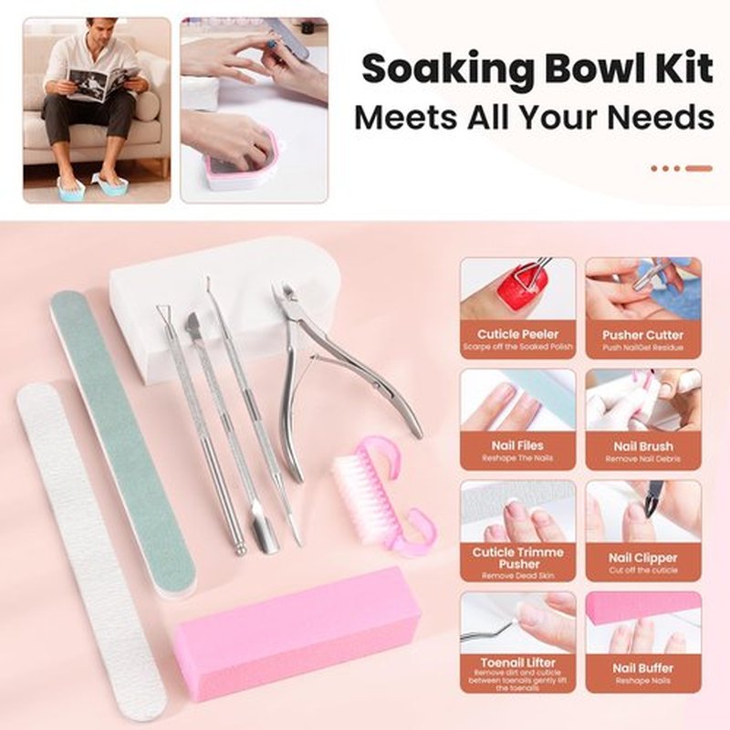 Hand Toe Nail Soaking Bowl: 12PCS Large Size Hand & Foot Nail Soak Off Bowl for Nail Lovers - Acetone Proof Toe Soaking Tray with Manciure Pedicure Tools for Dip Powder Gel Polish Remover(Pink, Clear)