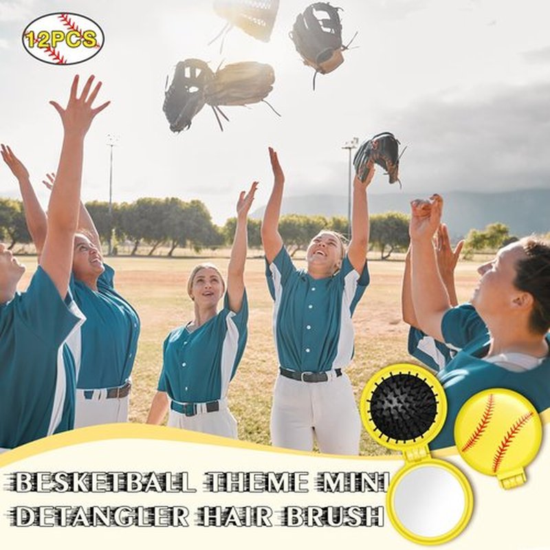 12 Pcs Softball Mini Detangler Brush, Folding Mirror Hair Brushes, Mini Travel Hair Brush, No Tangle Soft Flexible Bristles for Straight, Curly, Thick Hair for Softball Team Gift Sport Party