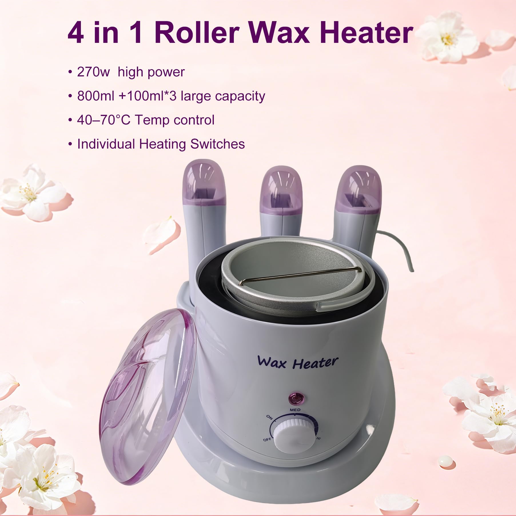 JOJOCOSMO 4 IN 1 Professional 800CC Wax Warmer + 3×100G Roll On Wax Machine with Independent Switches, Wax Warmer for Hair Removal, Depilatory Wax Heater Waxing Kit for women