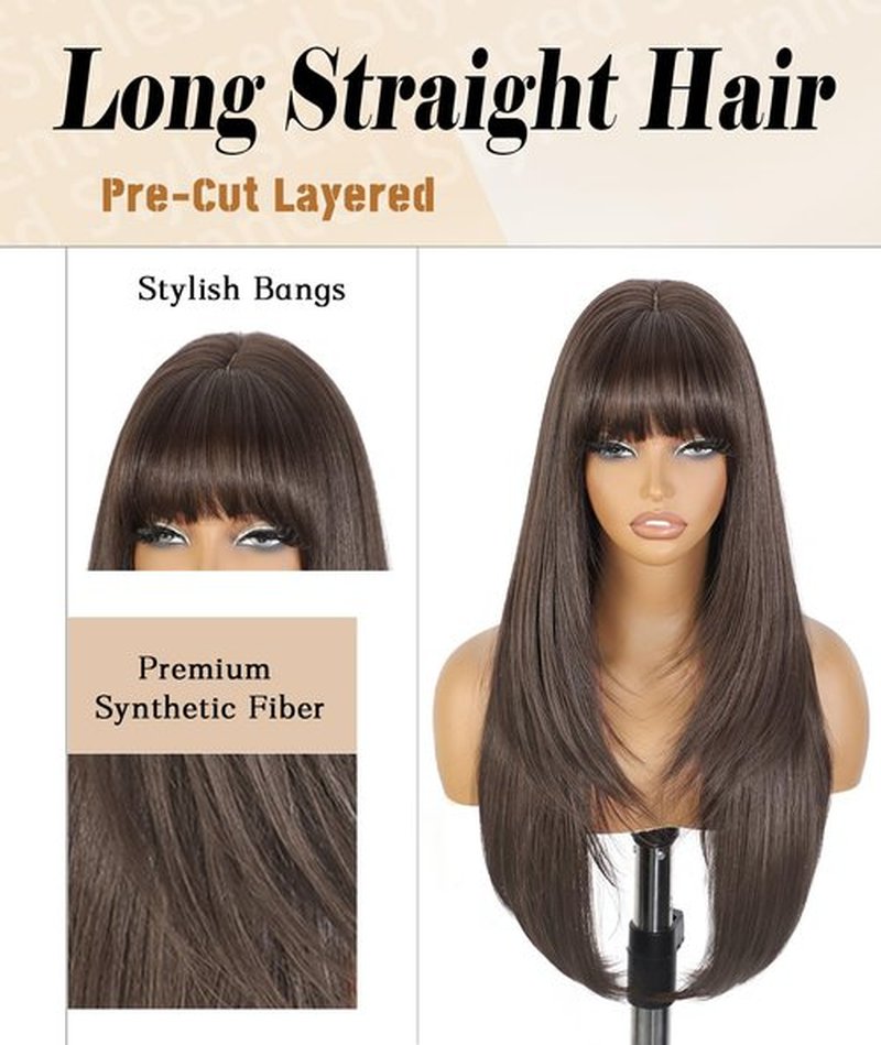 ENTRANCED STYLES Brown Wig With Bangs 26 Inch Long Straight Wigs for Women Dark Brown Layered Hair Synthetic Heat Resistant Hair for Daily Party Use