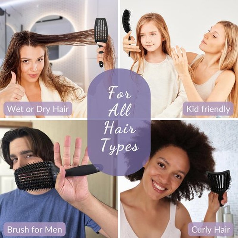 Inatekpro Curved Vented for Blow Drying - Boar Bristle Brush (Medium) with Comfortable Handle - Soft Bristle Brush for Thick and Fine Hair - Natural Boar Bristles for Women, Men & Kids - Grey