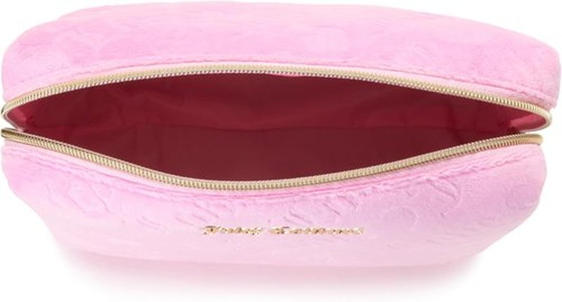 Juicy Couture Pink Makeup Bag - Stylish Velour Organizer for Travel Essentials | Zip Top Wedge Design