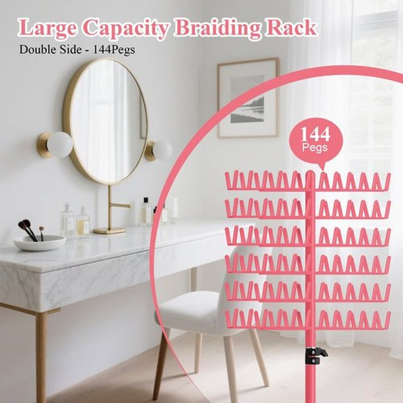 LPHGFZA Braiding Hair Rack, 144 Pegs Braiding Rack Stand for Hair, 2-sided Height Adjustable Standing Hair Extension Holder with Stylist Hair Braiding Tools