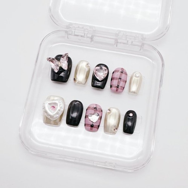 NLSJMP,10Pcs,Size S, 3D Handmade Short Square Press on Nails, Acrylic Fake Nails Kit,Rhinestone Glitter Design Nail Art Kit,Reusable False nails,Include Toolkit,Butterfly