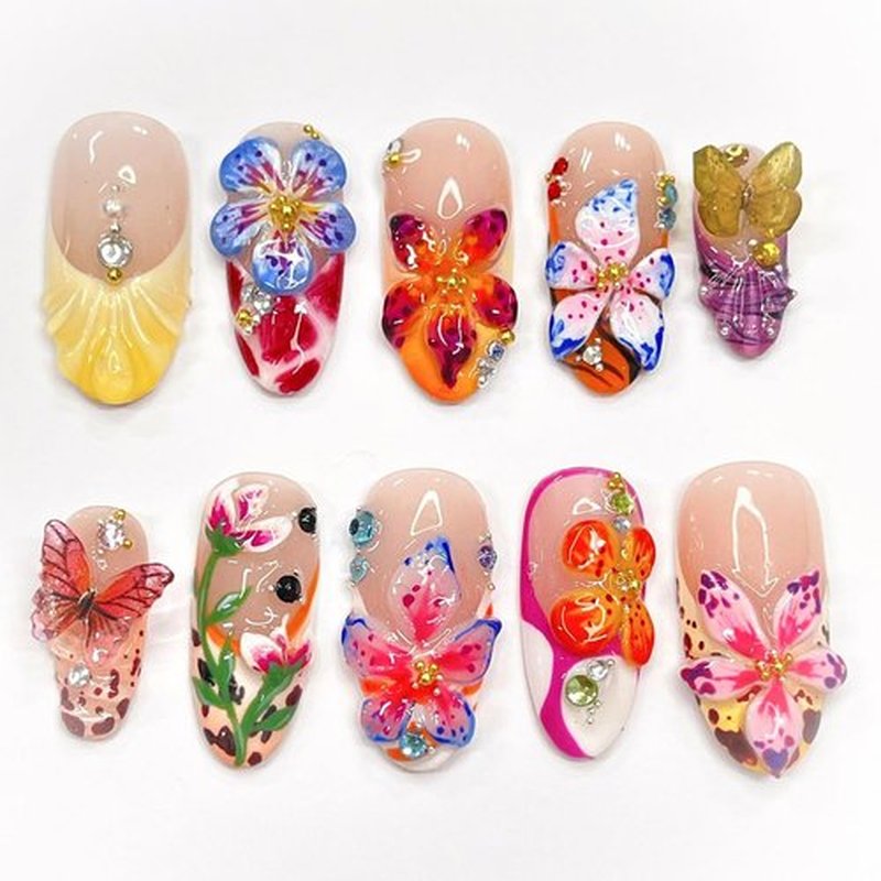 24Pcs Handmade Press on Nails Medium Almond Fake Nails 3D Colorful Spring Floral Butterfly with Gold Charm Beads Rhinestones Glitter Design French Tip False Nails Glue on Nails for Women Acrylic Nail