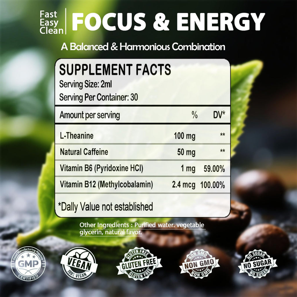 WellVeraVida L Theanine Caffeine Liquid Drops, High Potency L-Theanine 100mg w. Caffeine Vitamin B12 B6, Natural Nootropic Brain for Smooth Energy Focus Alertness, 6X Stronger Than Pills Powder Gum