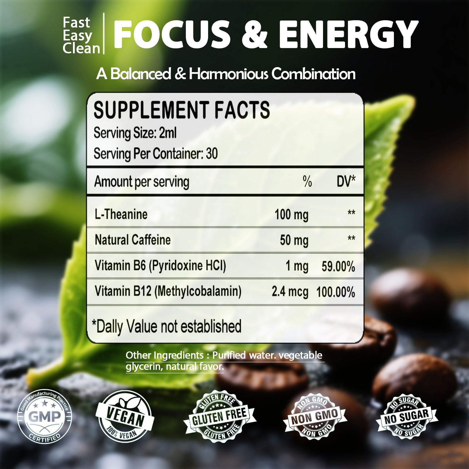 WellVeraVida L Theanine Caffeine Liquid Drops, High Potency L-Theanine 100mg w. Caffeine Vitamin B12 B6, Natural Nootropic Brain for Smooth Energy Focus Alertness, 6X Stronger Than Pills Powder Gum