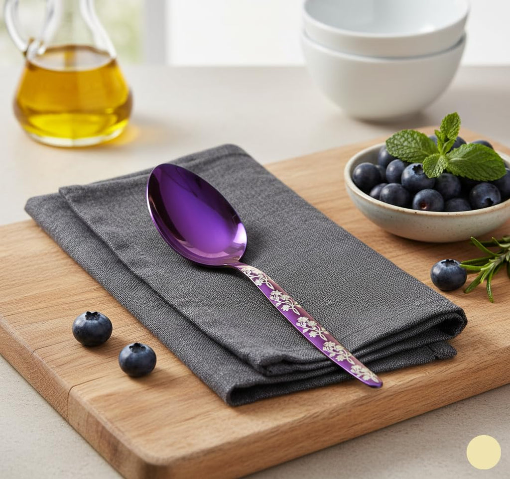 BNAZIND Chef Kunz Spoon Purple | Silverware 18/10 Stainless Steel Silver Cooking Serving Spoon | 9 Inch Saucing, Plating, Basting, Quenelle, Daily Chef Spoons | Dishwasher safe