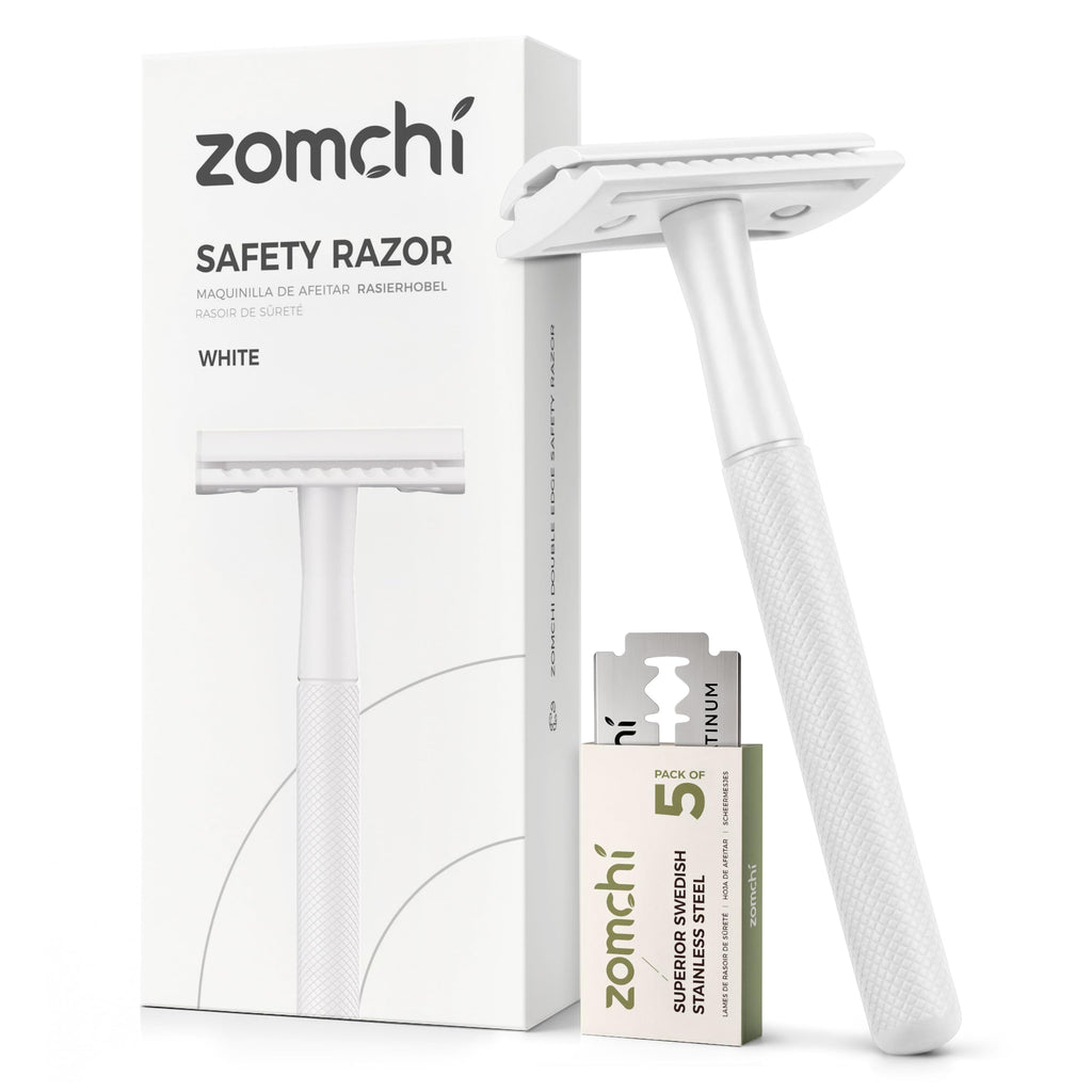 ZOMCHI Double Edge Safety Razor for Men & Women, Metal Razor with 5 Double Edge Safety Razor Blades, Single Blade Razor, White
