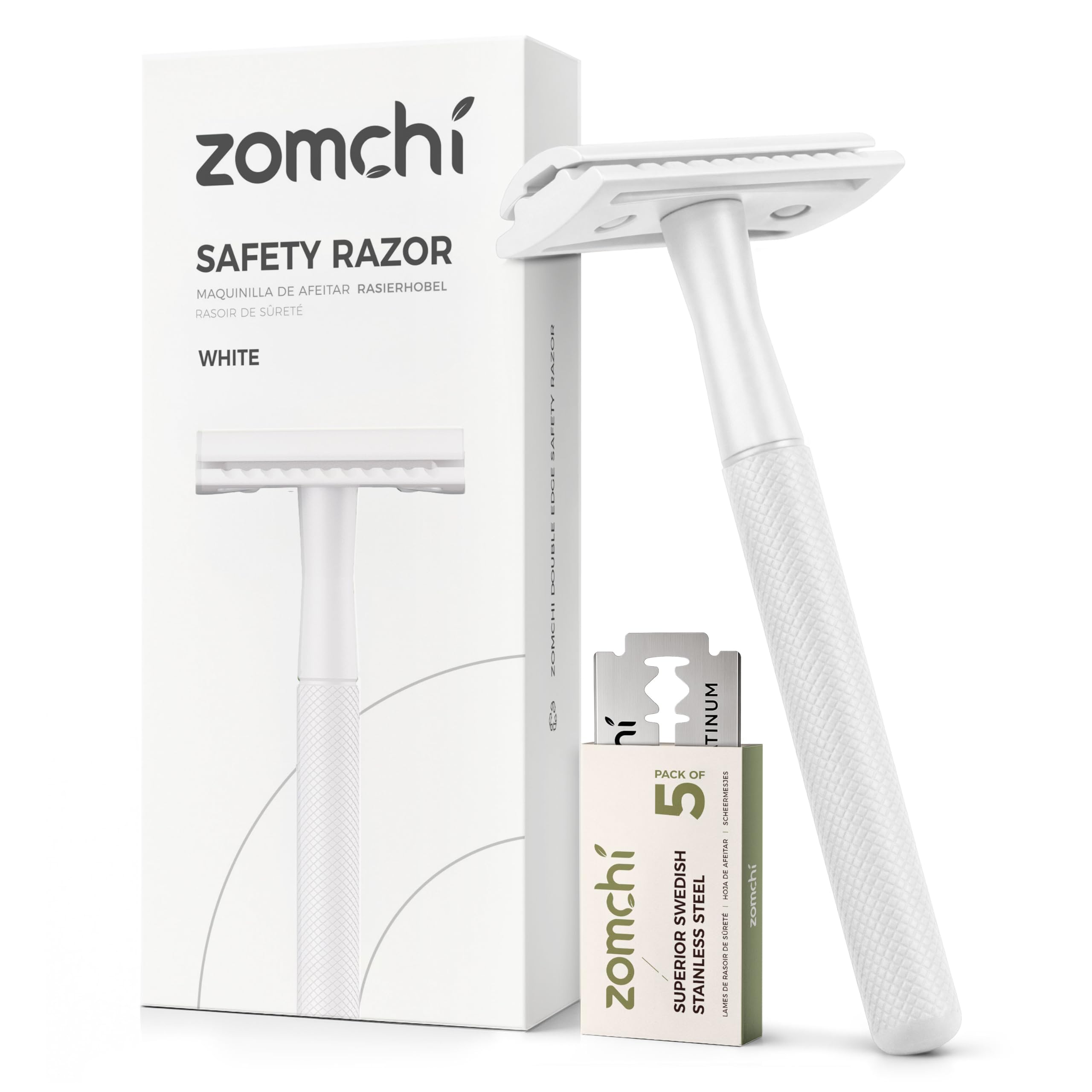 ZOMCHI Double Edge Safety Razor for Men & Women, Metal Razor with 5 Double Edge Safety Razor Blades, Single Blade Razor, White